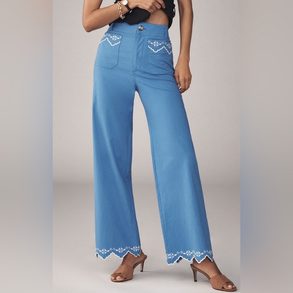 Anthropologie Pants - THE COLETTE LACE TRIM FULL-LENGTH WIDE-LEG PANTS MAEVE in Bright Cornflower NEW